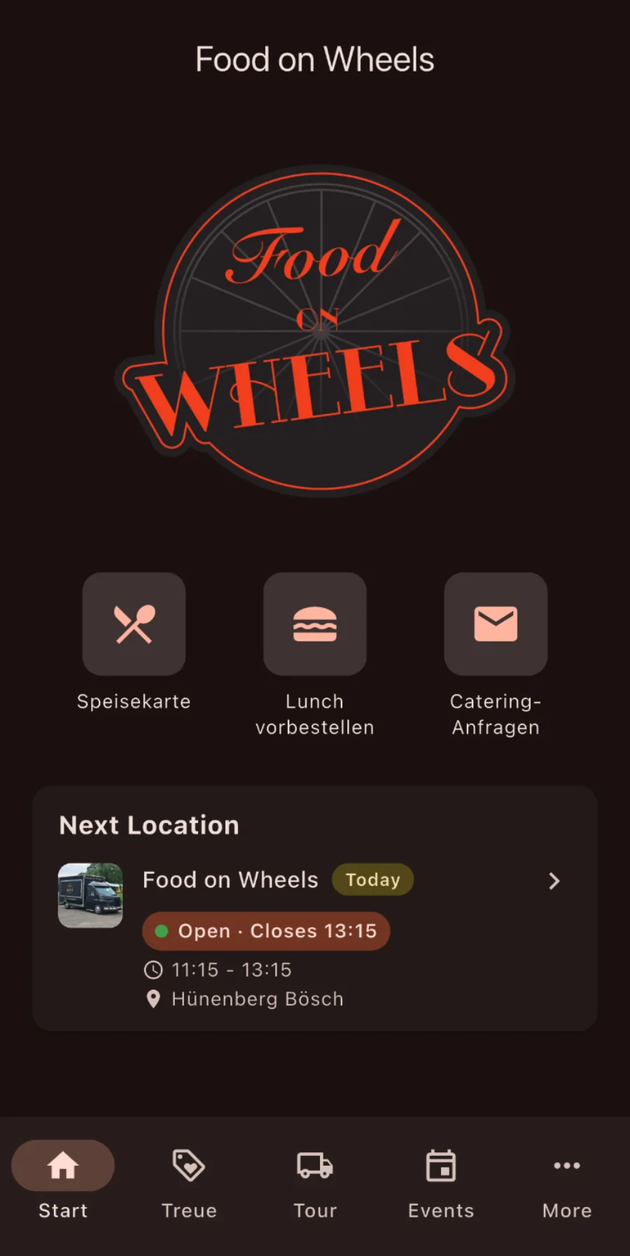 Food on Wheels App mit Speisekarte, Lunch-Vorbestellung und dem nächsten Standort