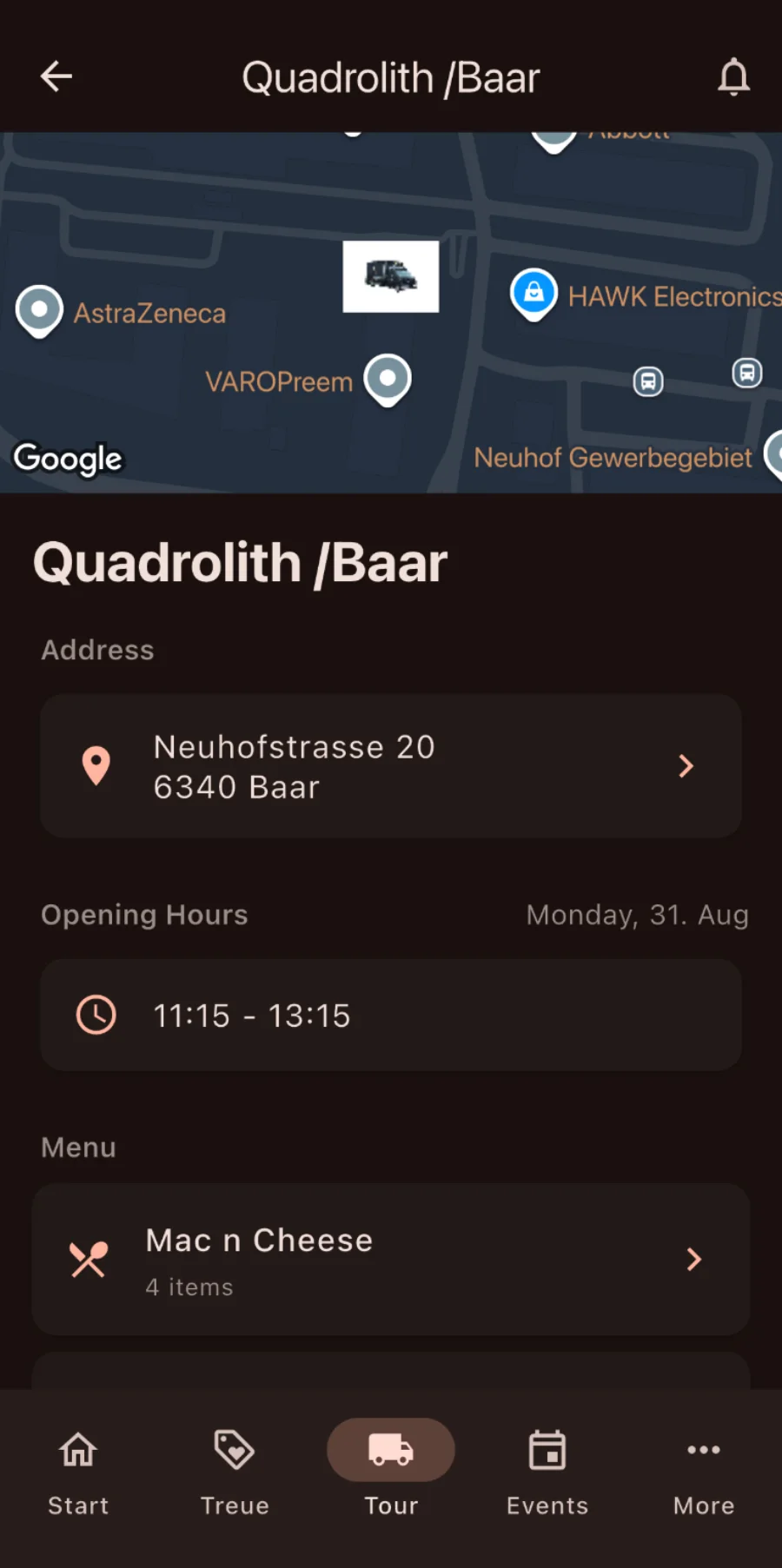 Food on Wheels App mit Detailansicht eines öffentlichen Stopps, Karte, Adresse und Öffnungszeiten